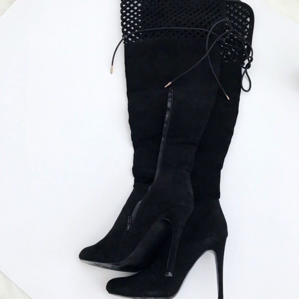 Shoe Dazzle black faux Suede OTK Boots